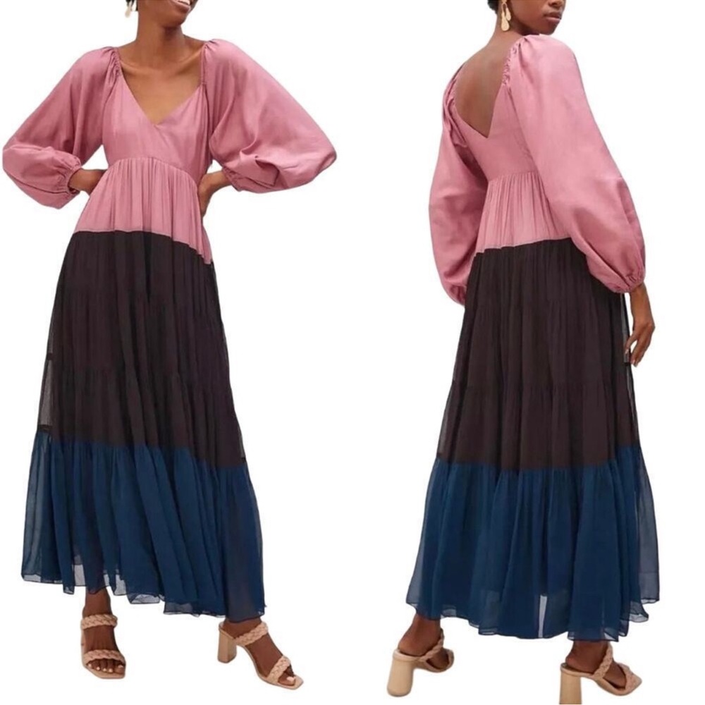 Anthropologie Nirmooha Puff-Sleeved Colorblocked Maxi Dress